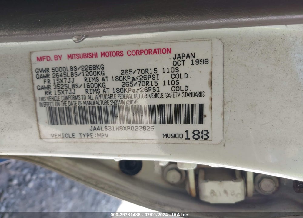 1999 MITSUBISHI MONTERO SPORT LS/XLS VIN: JA4LS31H8XP023826