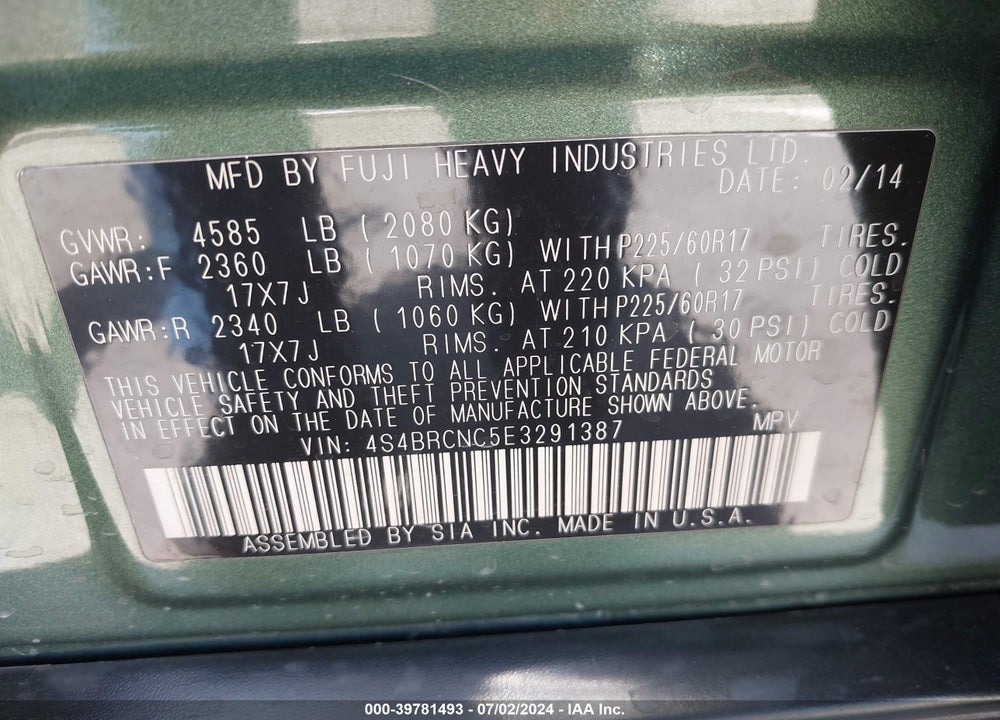 2014 SUBARU OUTBACK 2.5I LIMITED VIN: 4S4BRCNC5E3291387