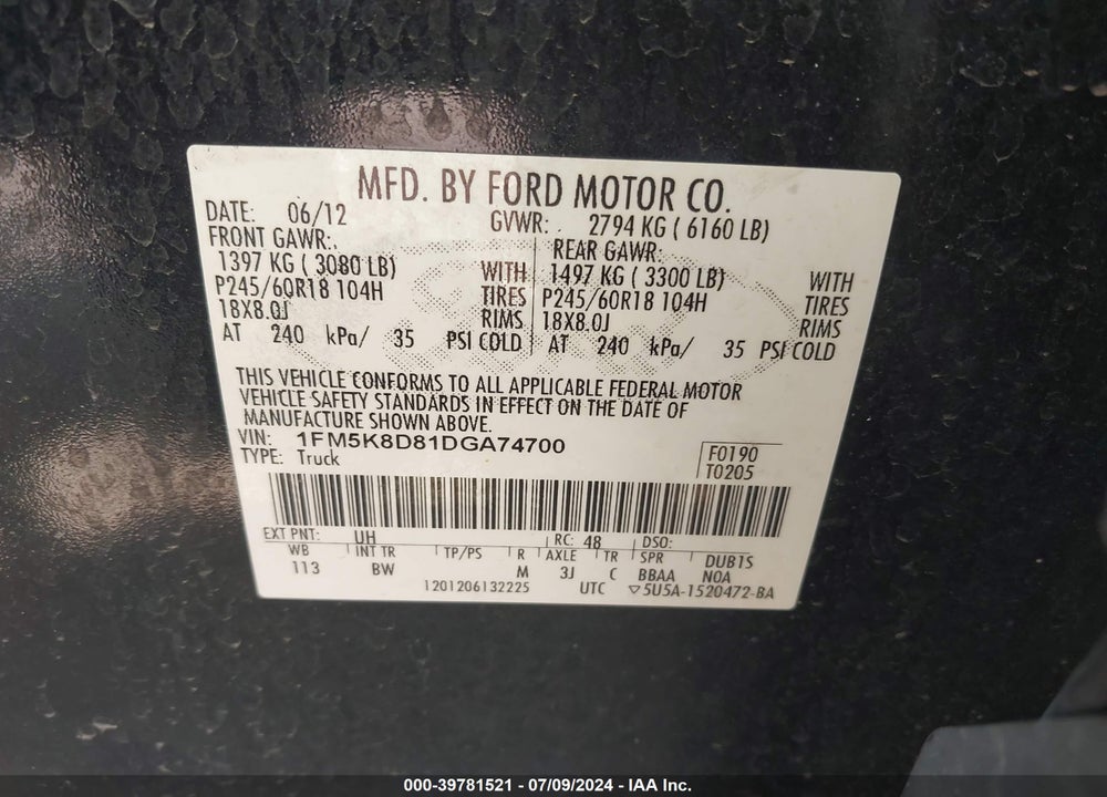 2013 FORD EXPLORER XLT VIN: 1FM5K8D81DGA74700