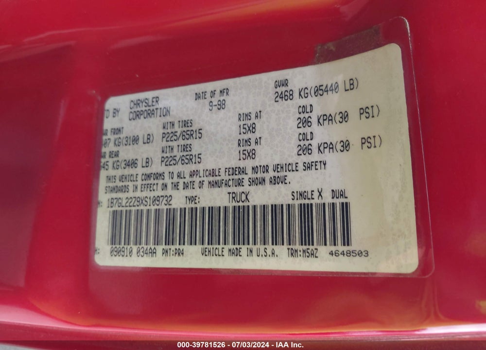 1999 DODGE DAKOTA SPORT VIN: 1B7GL22Z9XS109732