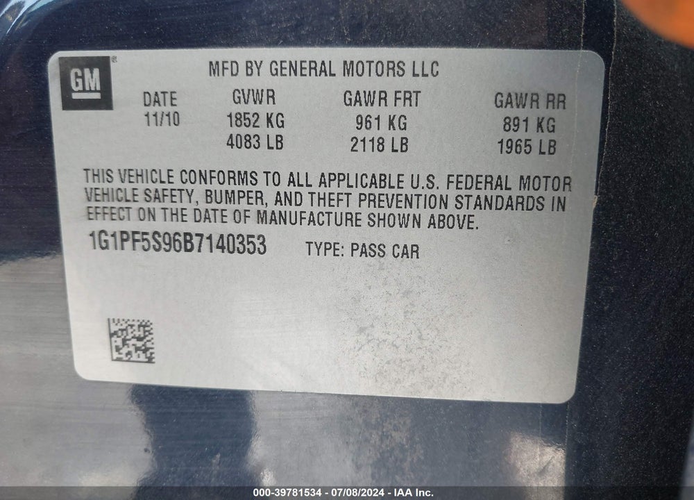 2011 CHEVROLET CRUZE 1LT VIN: 1G1PF5S96B7140353