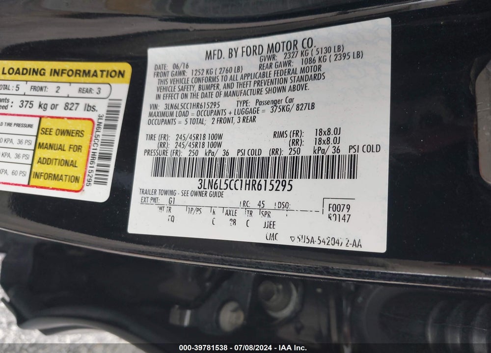 2017 LINCOLN MKZ SELECT VIN: 3LN6L5CC1HR615295