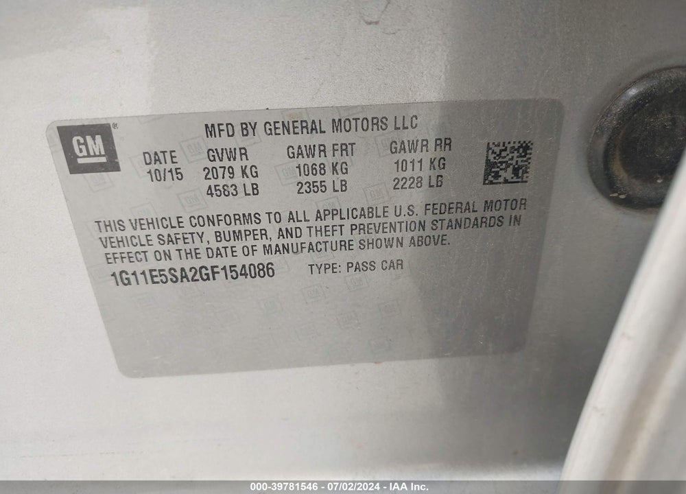 2016 CHEVROLET MALIBU LIMITED LTZ VIN: 1G11E5SA2GF154086