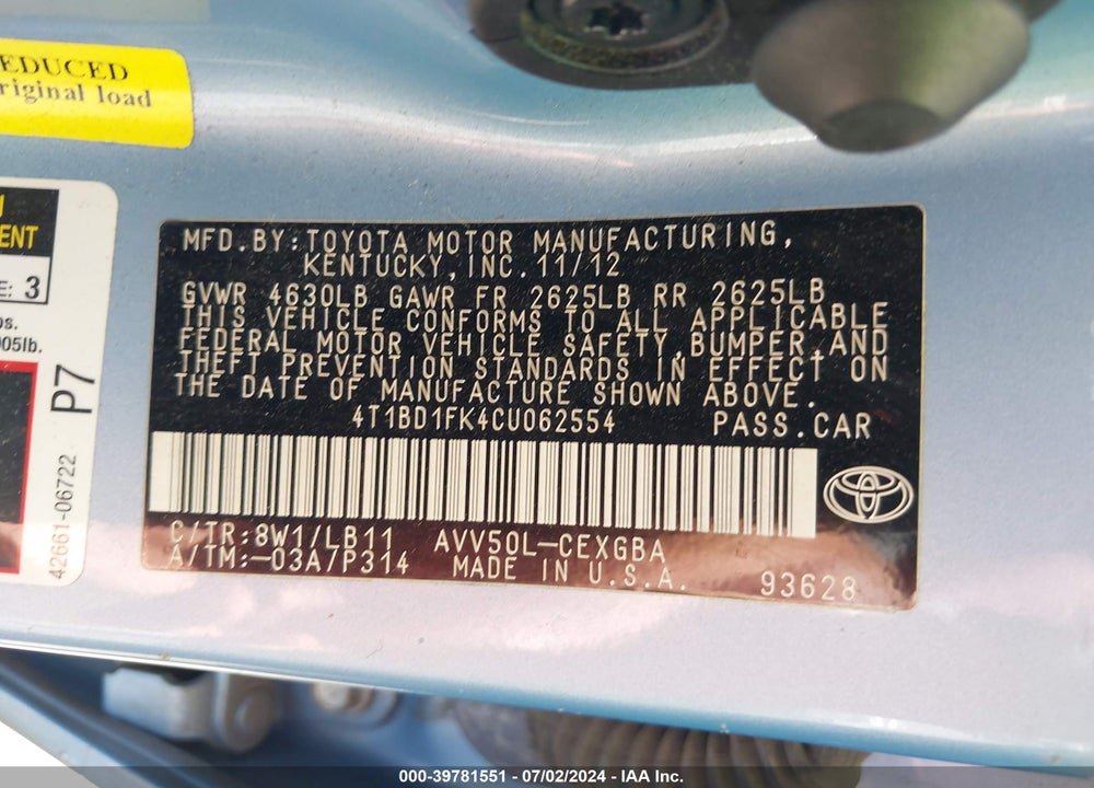 2012 TOYOTA CAMRY HYBRID VIN: 4T1BD1FK4CU062554