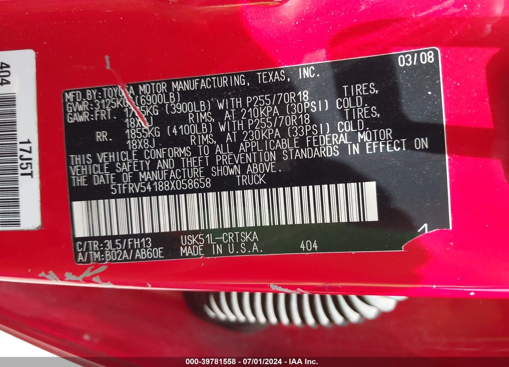2008 TOYOTA TUNDRA BASE 5.7L V8 VIN: 5TFRV54188X058658
