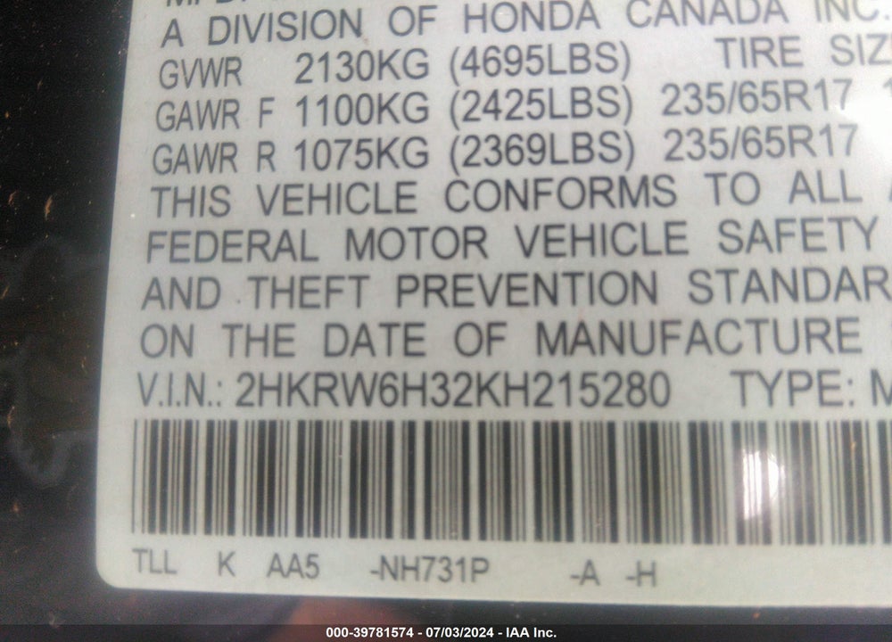 2019 HONDA CR-V LX VIN: 2HKRW6H32KH215280