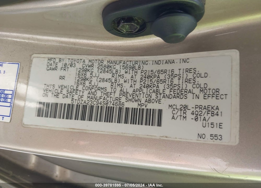 2004 TOYOTA SIENNA LE VIN: 5TDZA23C94S074686