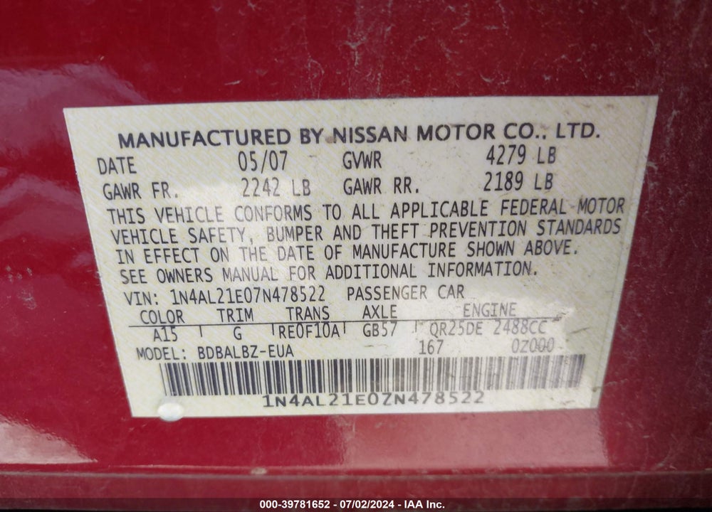 2007 NISSAN ALTIMA 2.5 S VIN: 1N4AL21E07N478522