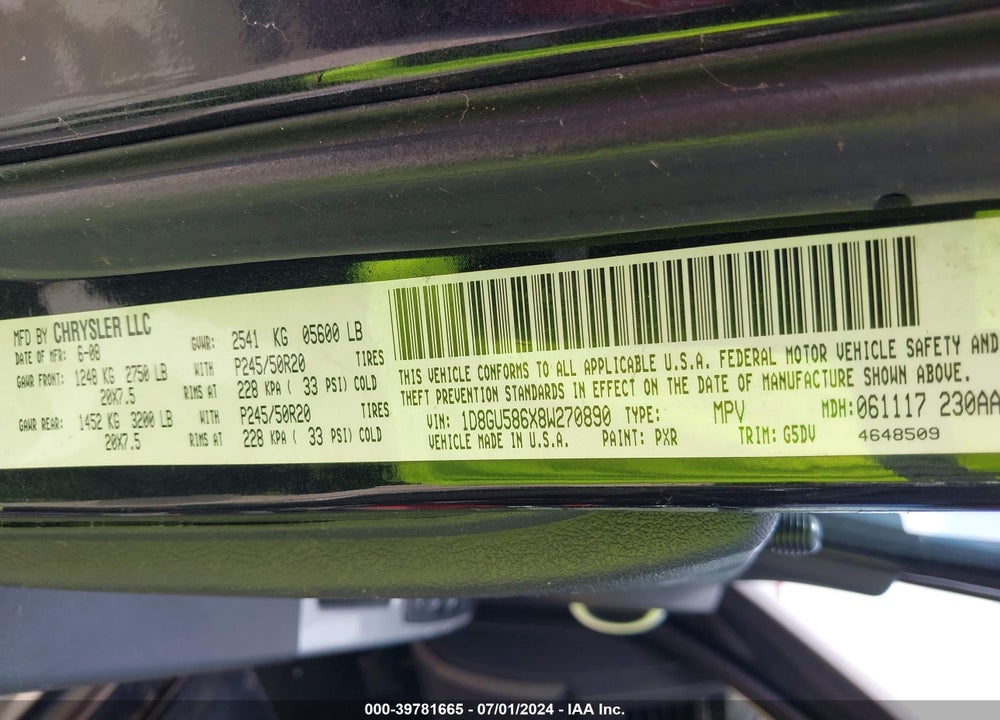 2008 DODGE NITRO SLT/RT VIN: 1D8GU586X8W270890
