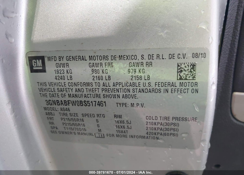 2011 CHEVROLET HHR LT VIN: 3GNBABFW0BS517461