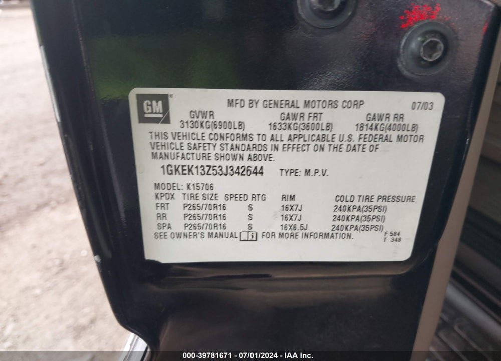 2003 GMC YUKON SLT VIN: 1GKEK13Z53J342644