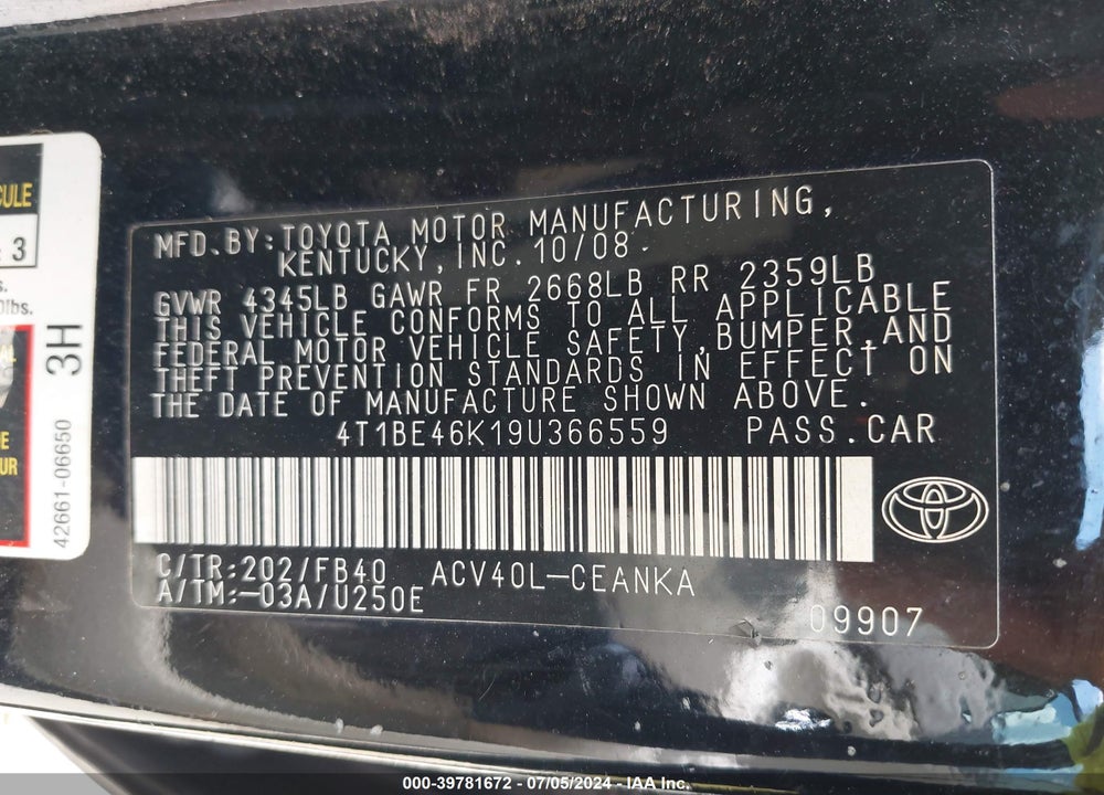 2009 TOYOTA CAMRY LE VIN: 4T1BE46K19U366559