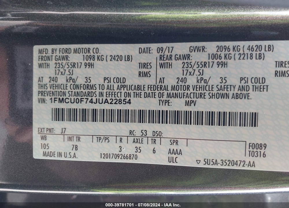 2018 FORD ESCAPE S VIN: 1FMCU0F74JUA22854