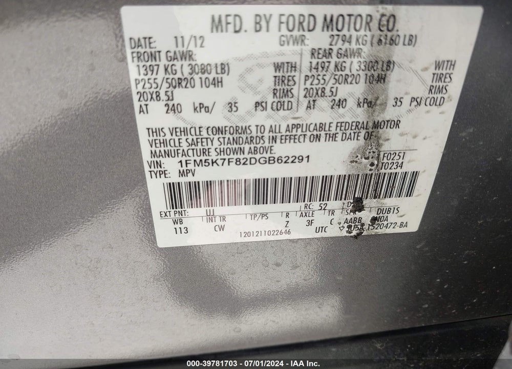 2013 FORD EXPLORER LIMITED VIN: 1FM5K7F82DGB62291