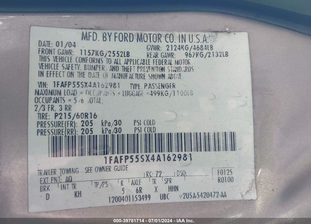 2004 FORD TAURUS SES VIN: 1FAFP55SX4A162981