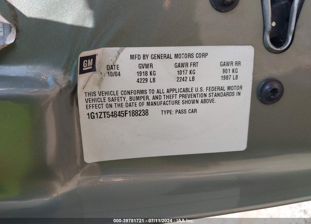 2005 CHEVROLET MALIBU LS VIN: 1G1ZT54845F188238
