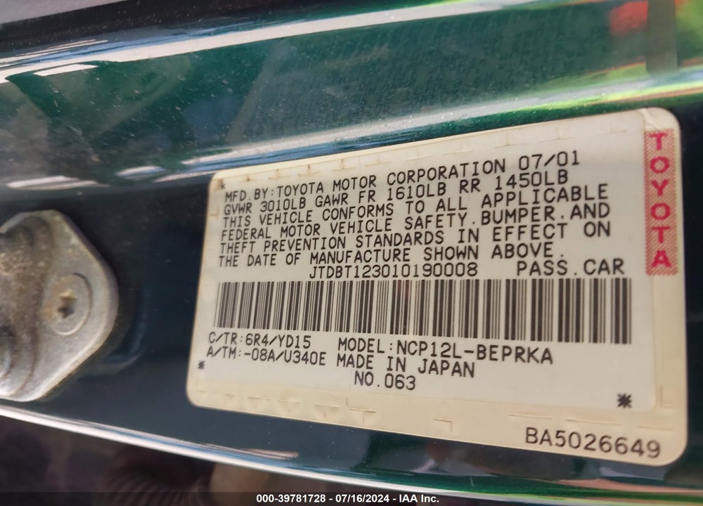 2001 TOYOTA ECHO VIN: JTDBT123010190008