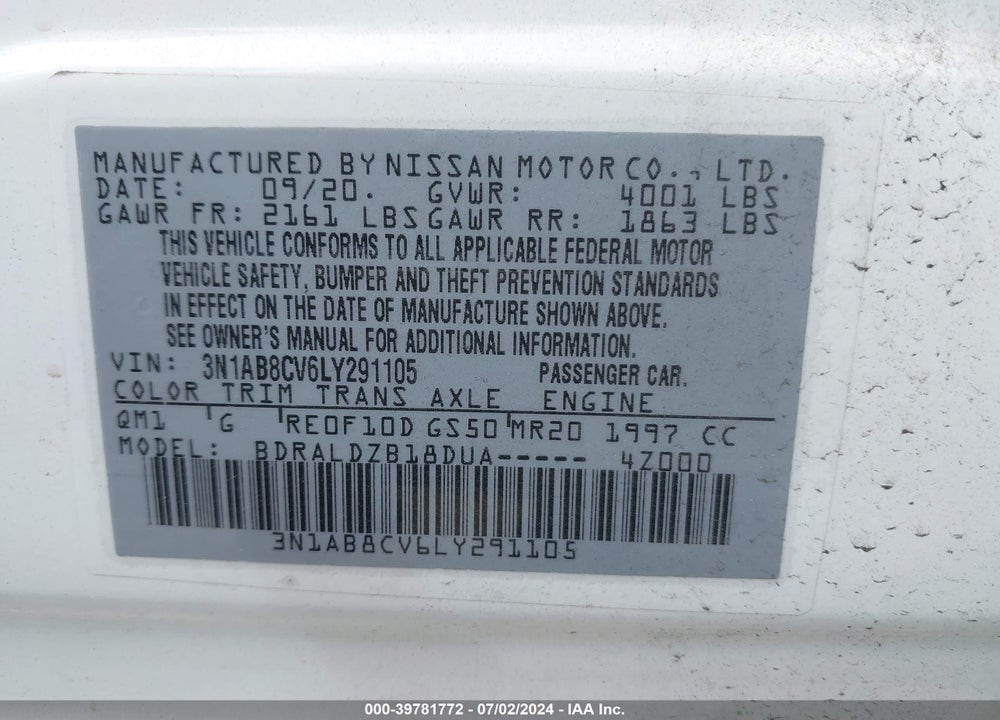 2020 NISSAN SENTRA SV XTRONIC CVT VIN: 3N1AB8CV6LY291105