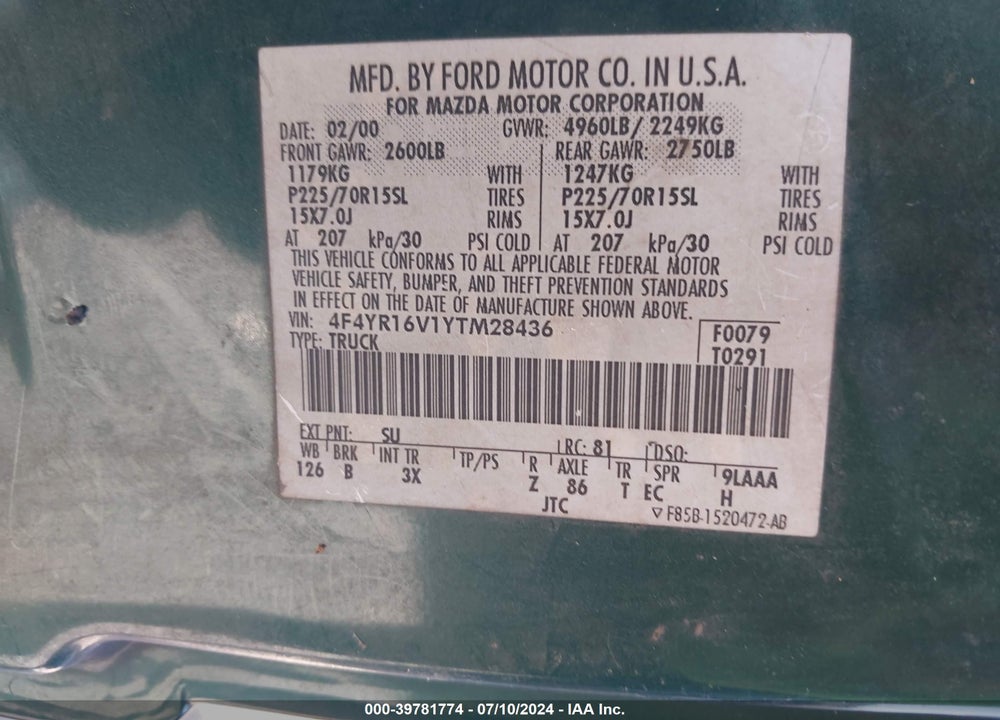 2000 MAZDA B3000 SE/TL VIN: 4F4YR16V1YTM28436
