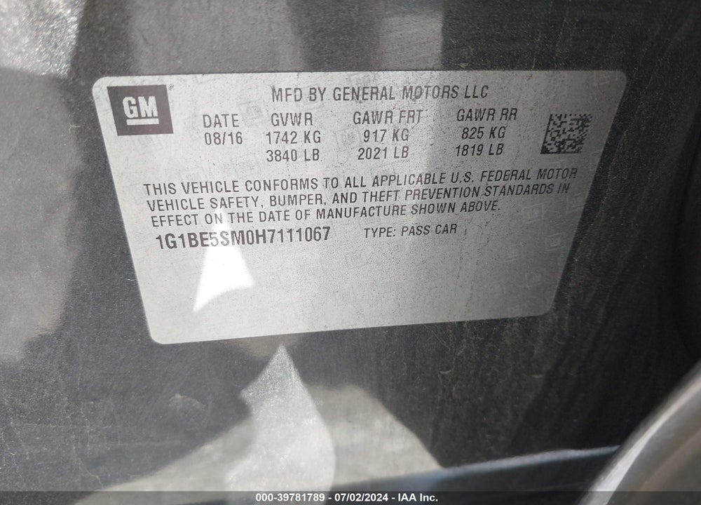 2017 CHEVROLET CRUZE LT AUTO VIN: 1G1BE5SM0H7111067
