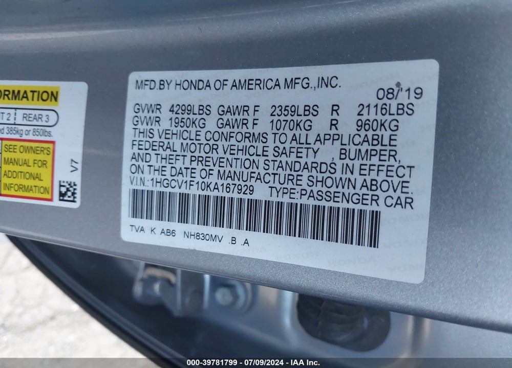 2019 HONDA ACCORD LX VIN: 1HGCV1F10KA167929