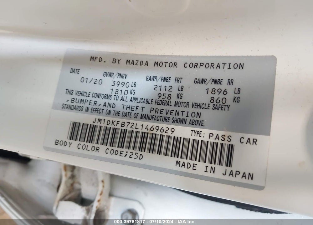2020 MAZDA CX-3 SPORT VIN: JM1DKFB72L1469629