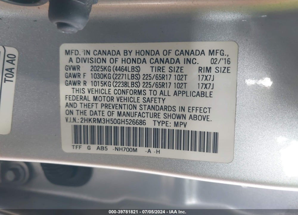 2016 HONDA CR-V EX VIN: 2HKRM3H50GH526686