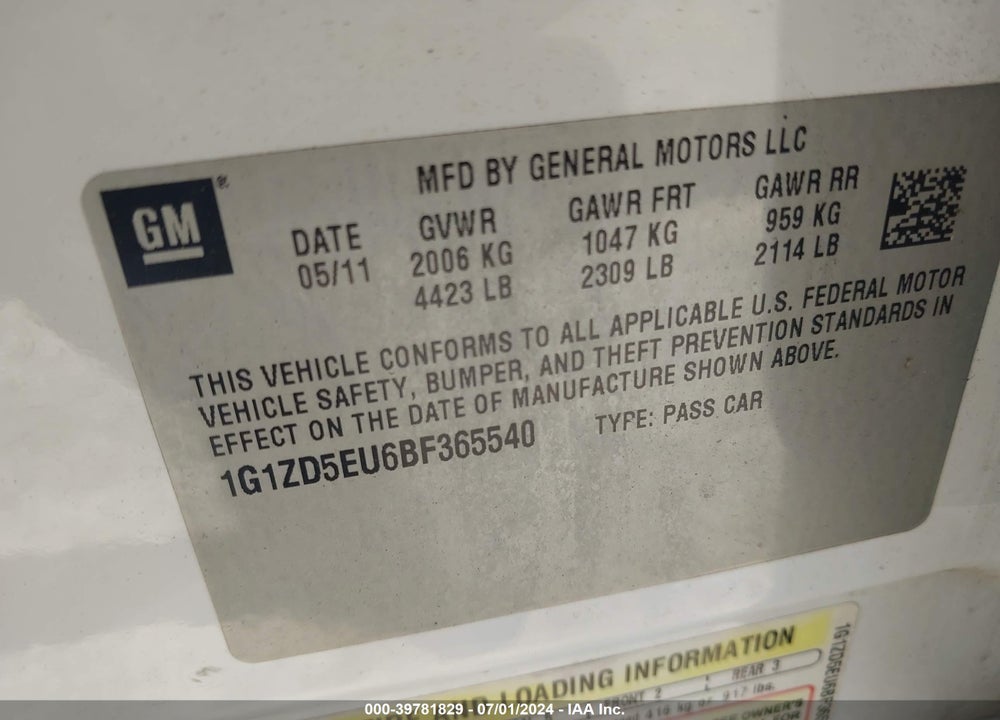 2011 CHEVROLET MALIBU 2LT VIN: 1G1ZD5EU6BF365540
