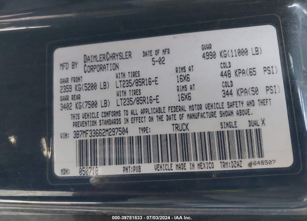 2002 DODGE RAM 3500 ST VIN: 3B7MF33662M297504