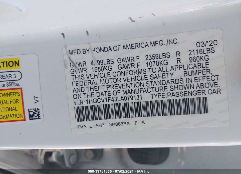 2020 HONDA ACCORD EX VIN: 1HGCV1F43LA079131