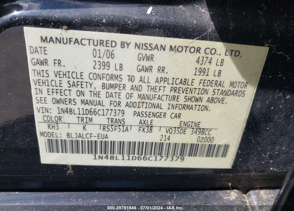 2006 NISSAN ALTIMA 3.5 SE VIN: 1N4BL11D66C177379
