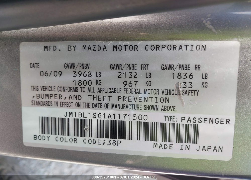 2010 MAZDA 3 I TOURING VIN: JM1BL1SG1A1171500