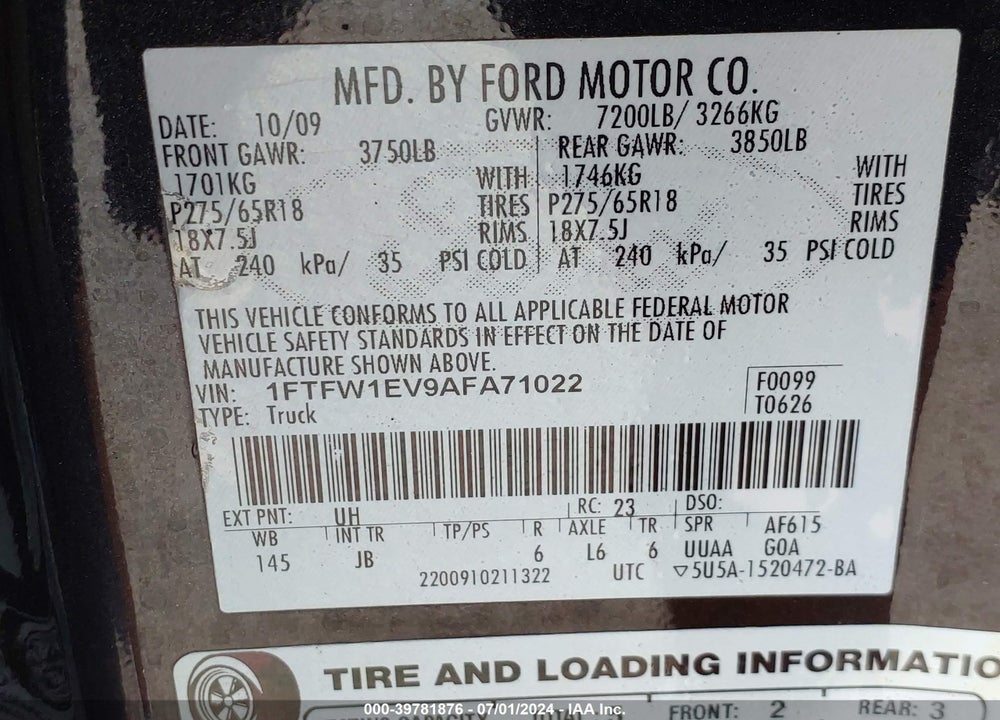 2010 HARLEY-DAVIDSON FORD F-150 FX4//KING RANCH/LARIAT/PLATINUM/XL/XLT VIN: 1FTFW1EV9AFA71022