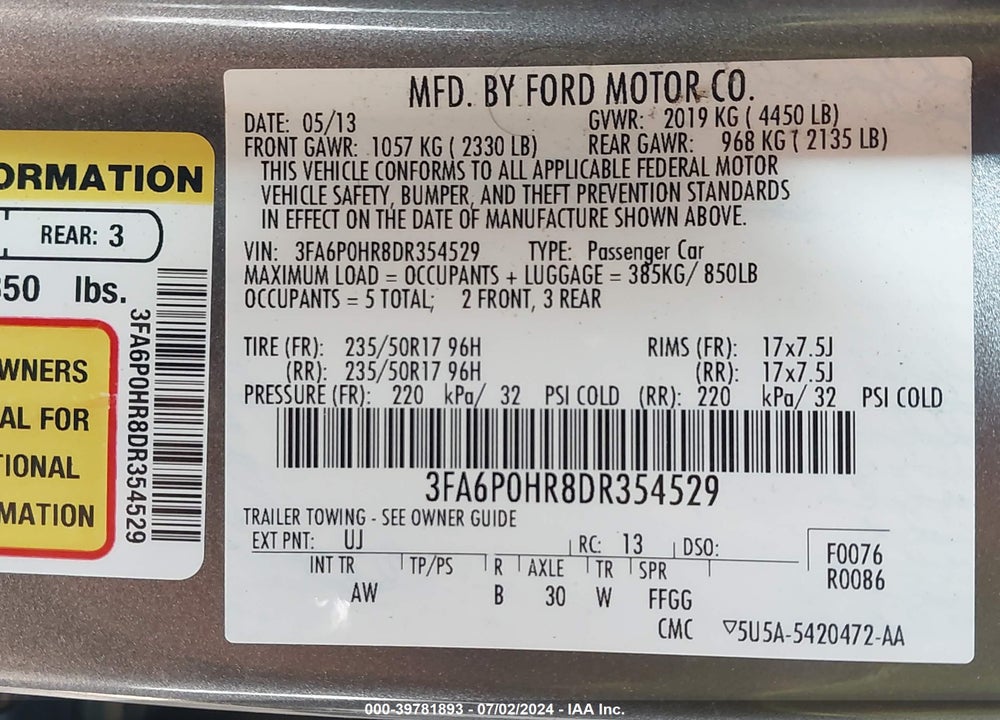 2013 FORD FUSION SE VIN: 3FA6P0HR8DR354529