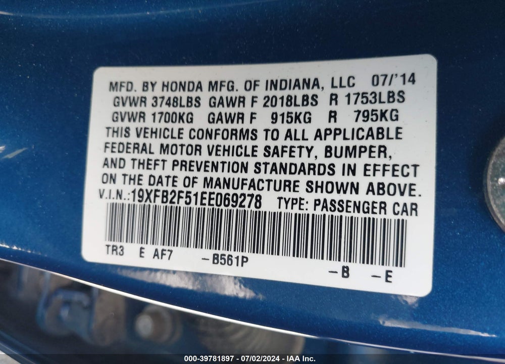 2014 HONDA CIVIC LX VIN: 19XFB2F51EE069278