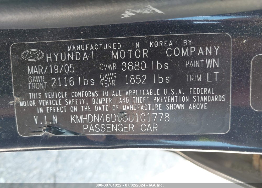 2005 HYUNDAI ELANTRA GLS/GT VIN: KMHDN46D95U101778
