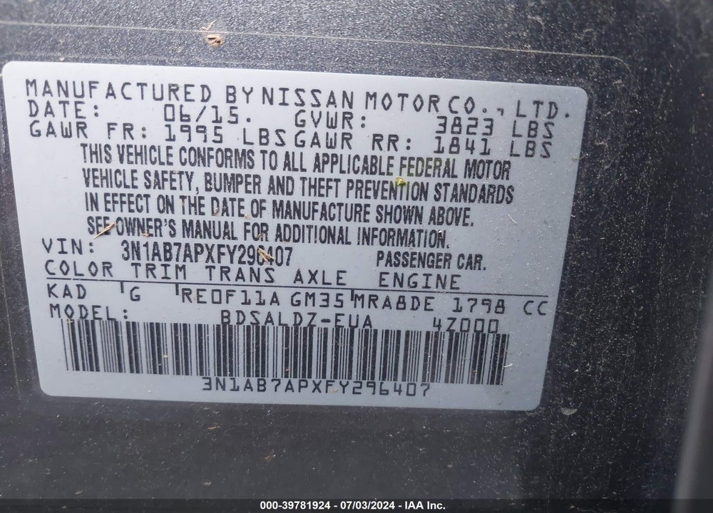 2015 NISSAN SENTRA SV VIN: 3N1AB7APXFY296407