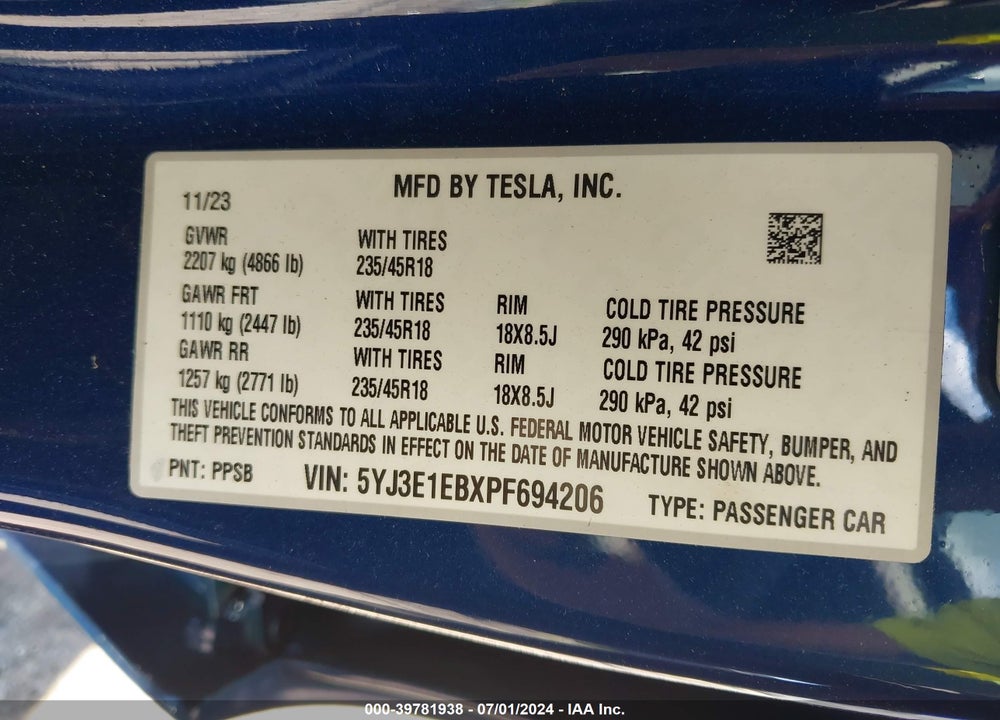 2023 TESLA MODEL 3 LONG RANGE DUAL MOTOR ALL-WHEEL DRIVE VIN: 5YJ3E1EBXPF694206