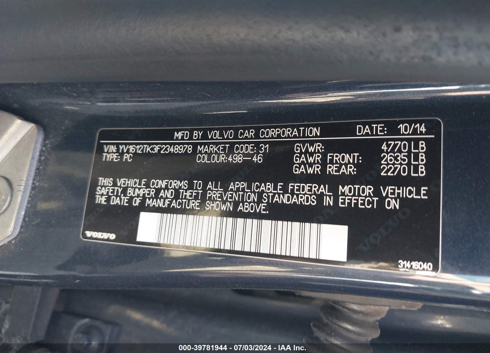2015 VOLVO S60 T5 PREMIER VIN: YV1612TK3F2348978