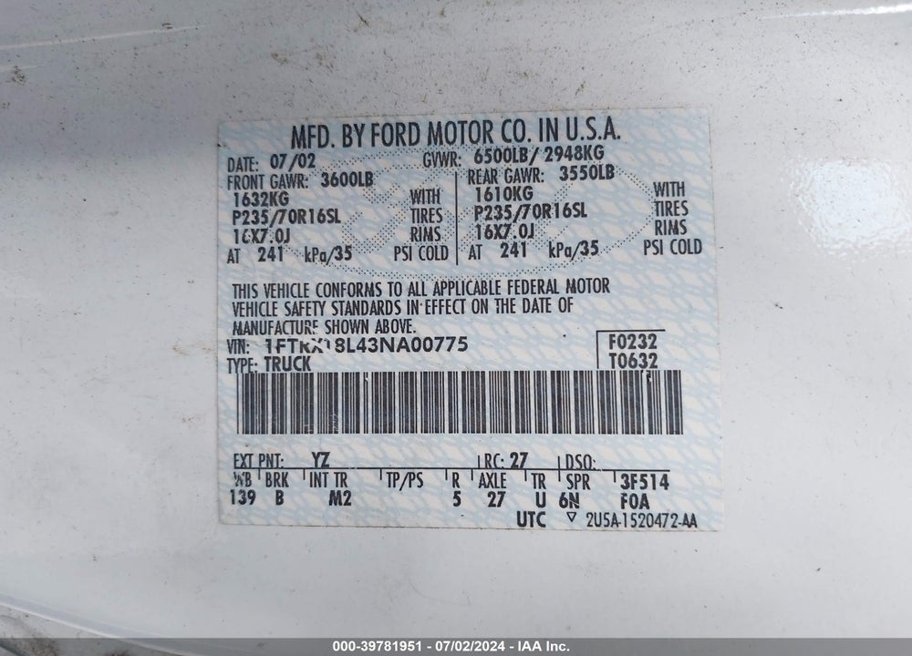 2003 FORD F-150 LARIAT/XL/XLT VIN: 1FTRX18L43NA00775