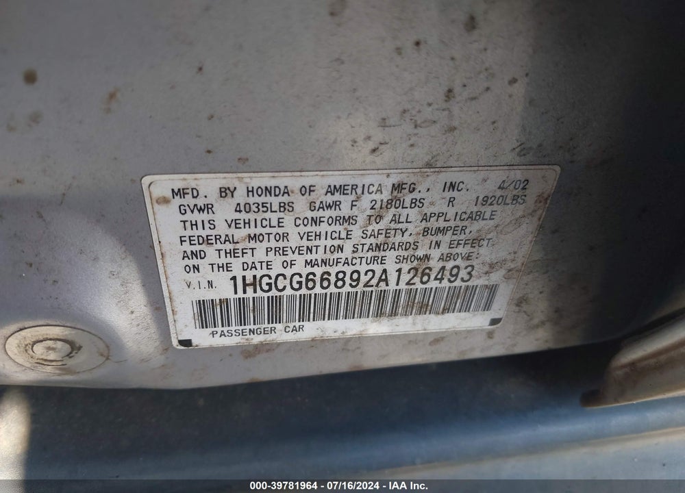 2002 HONDA ACCORD 2.3 EX/2.3 SE VIN: 1HGCG66892A126493