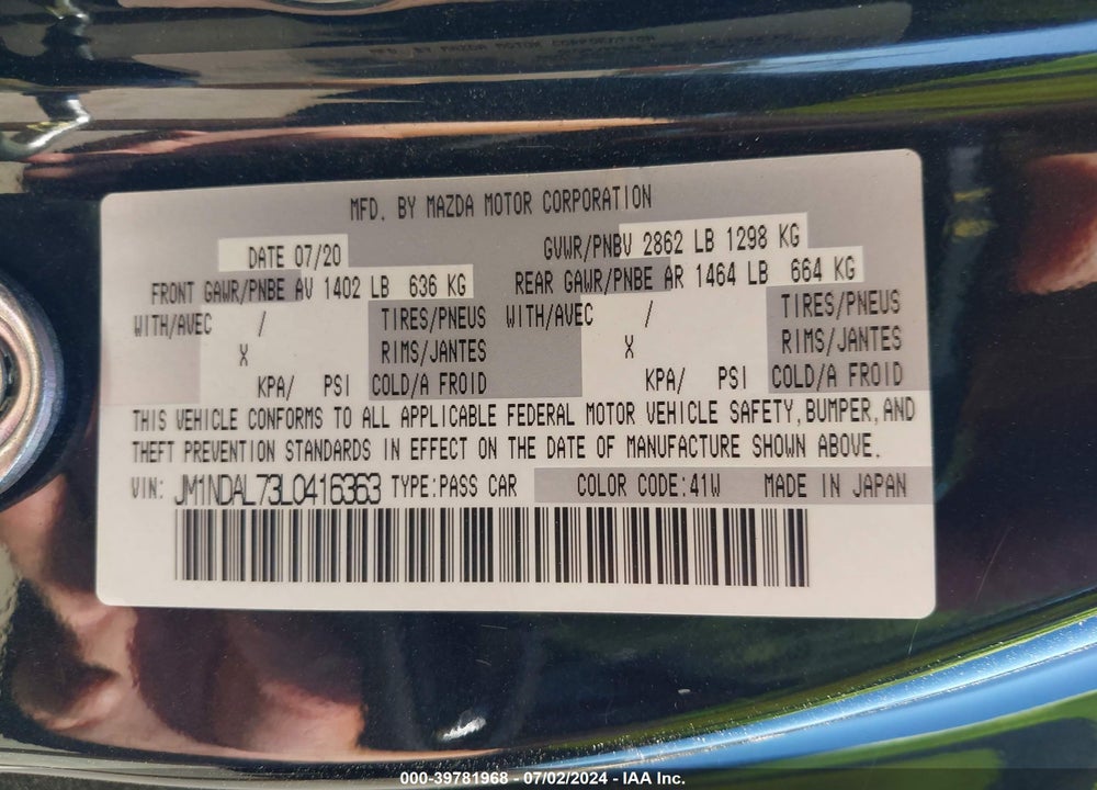 2020 MAZDA MX-5 MIATA RF CLUB VIN: JM1NDAL73L0416363