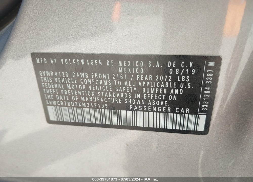 2019 VOLKSWAGEN JETTA 1.4T R-LINE/1.4T S/1.4T SE VIN: 3VWCB7BU3KM242195