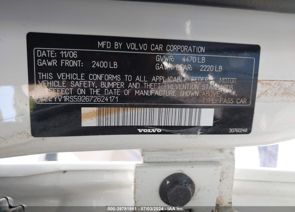 2007 VOLVO S60 2.5T VIN: YV1RS592672624171