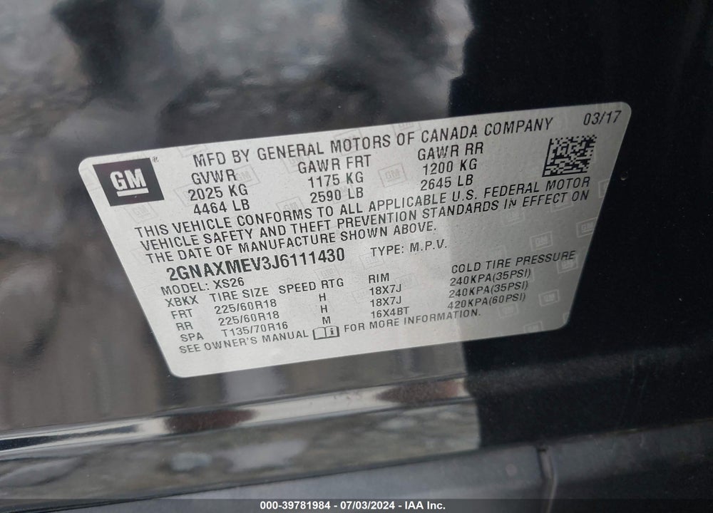 2018 CHEVROLET EQUINOX PREMIER VIN: 2GNAXMEV3J6111430