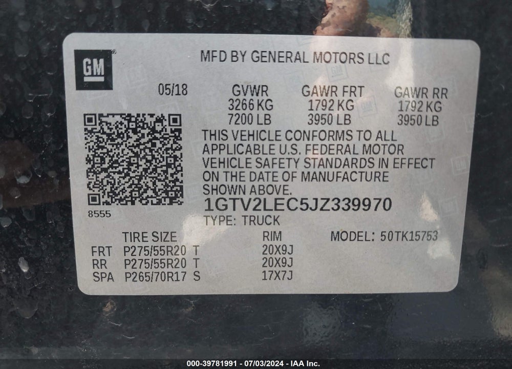 2018 GMC SIERRA 1500 VIN: 1GTV2LEC5JZ339970