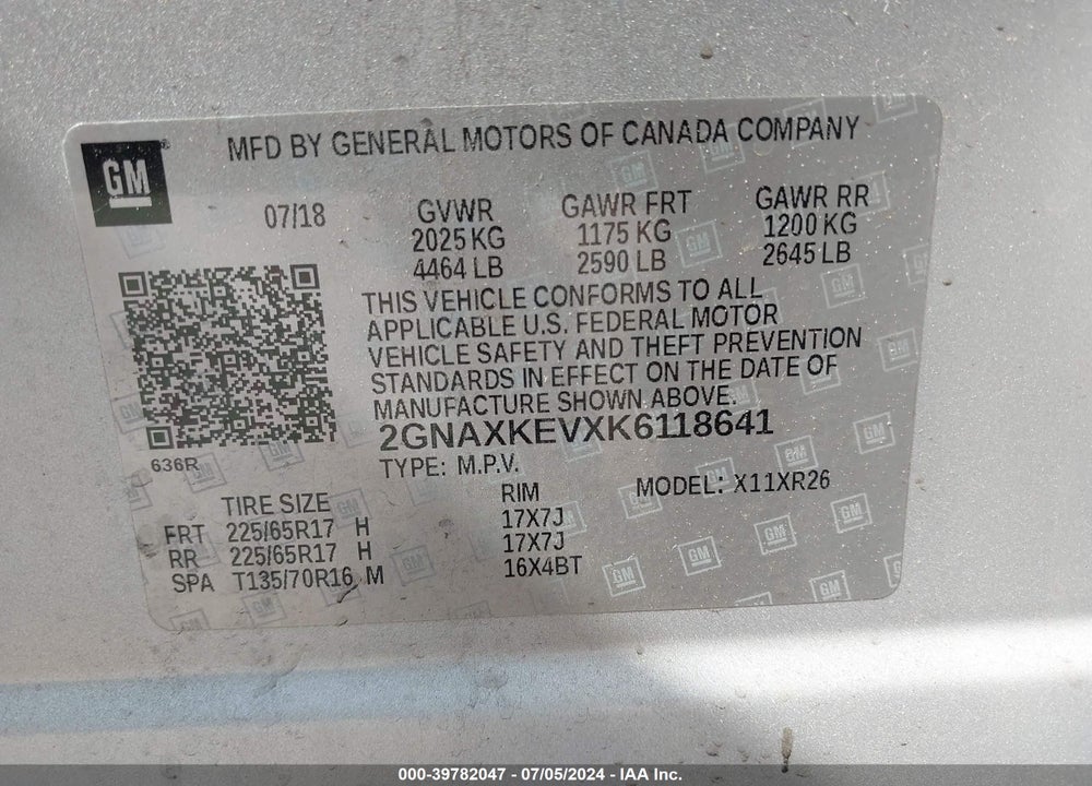 2019 CHEVROLET EQUINOX LT VIN: 2GNAXKEVXK6118641