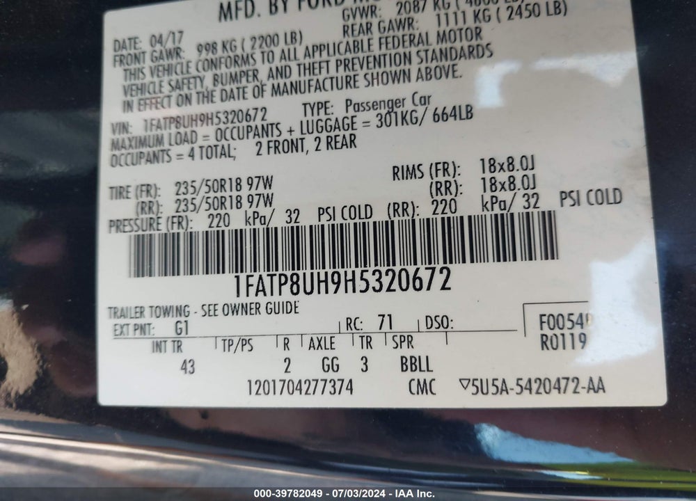 2017 FORD MUSTANG ECOBOOST PREMIUM VIN: 1FATP8UH9H5320672