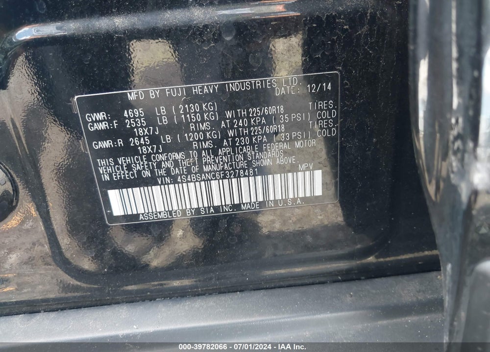 2015 SUBARU OUTBACK 2.5I LIMITED VIN: 4S4BSANC6F3278481