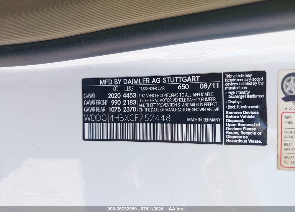 2012 MERCEDES-BENZ C 250 VIN: WDDGJ4HBXCF752448
